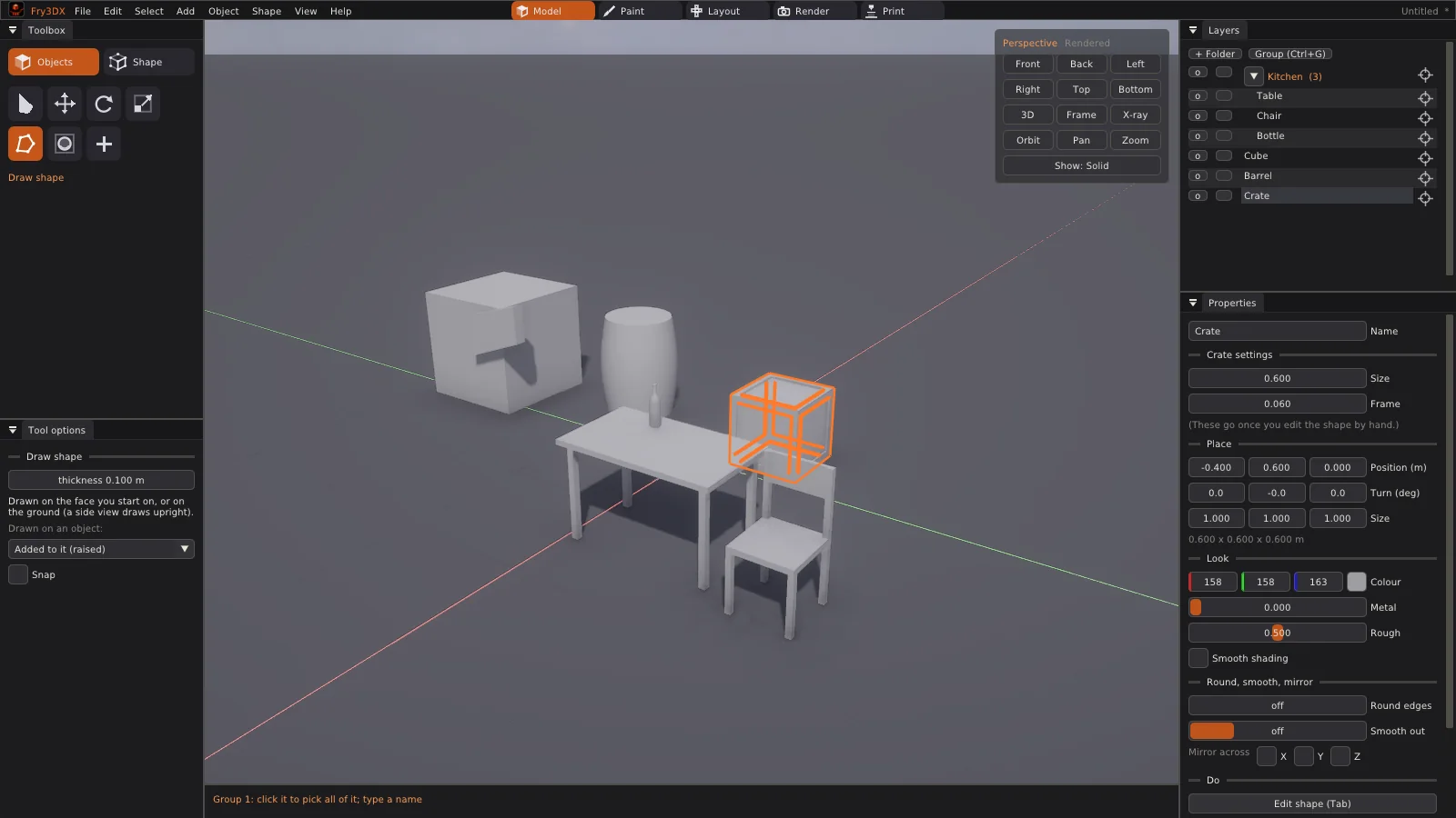 Fry3DX with a table, chair, barrel and crate